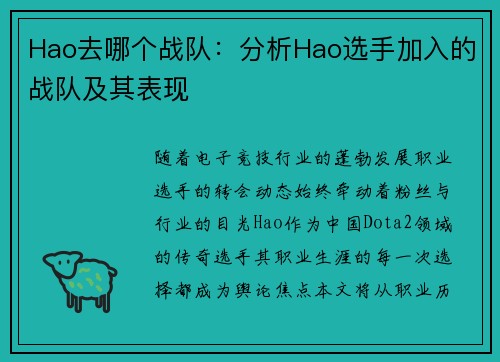 Hao去哪个战队：分析Hao选手加入的战队及其表现