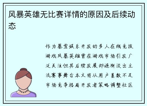风暴英雄无比赛详情的原因及后续动态